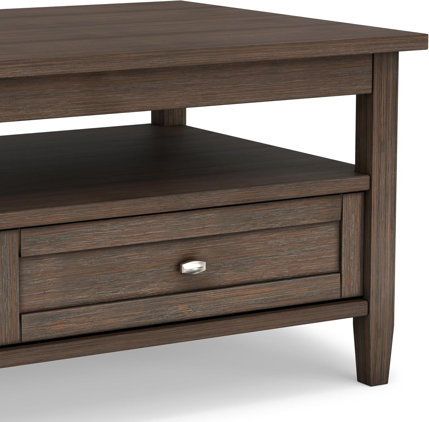 SIMPLIHOME Warm Shaker Coffee Table - 48 inch Wide Solid Wood Coffee Table in Farmhouse Brown, Transitional Living Room Table with 2 Drawers, Open Shelf, Shaker Fronts and Tapered Legs