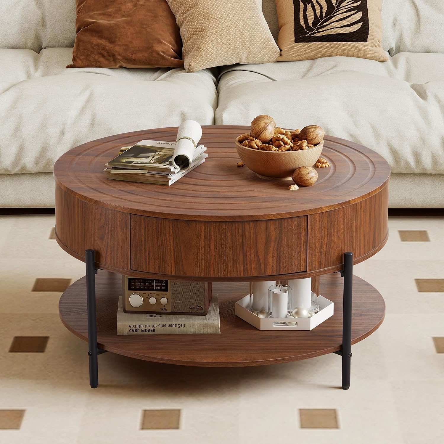 RARZOE 30.5' Round Coffee Table with Storage, Wooden Circle Coffee Table with Drawer, Storage Shelf, Metal Legs，Small Dining Table Accent Center Table for Living Room Home Office Apartment,Walnut