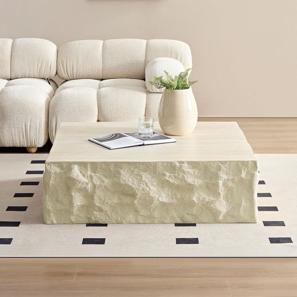 35.43' Marble Travertine Pattern Square Coffee Table for Living Room, Modern Minimalist Center Side End Table for Living Room, Apartment, Office, Marble Stone Shape, No Need Assembly