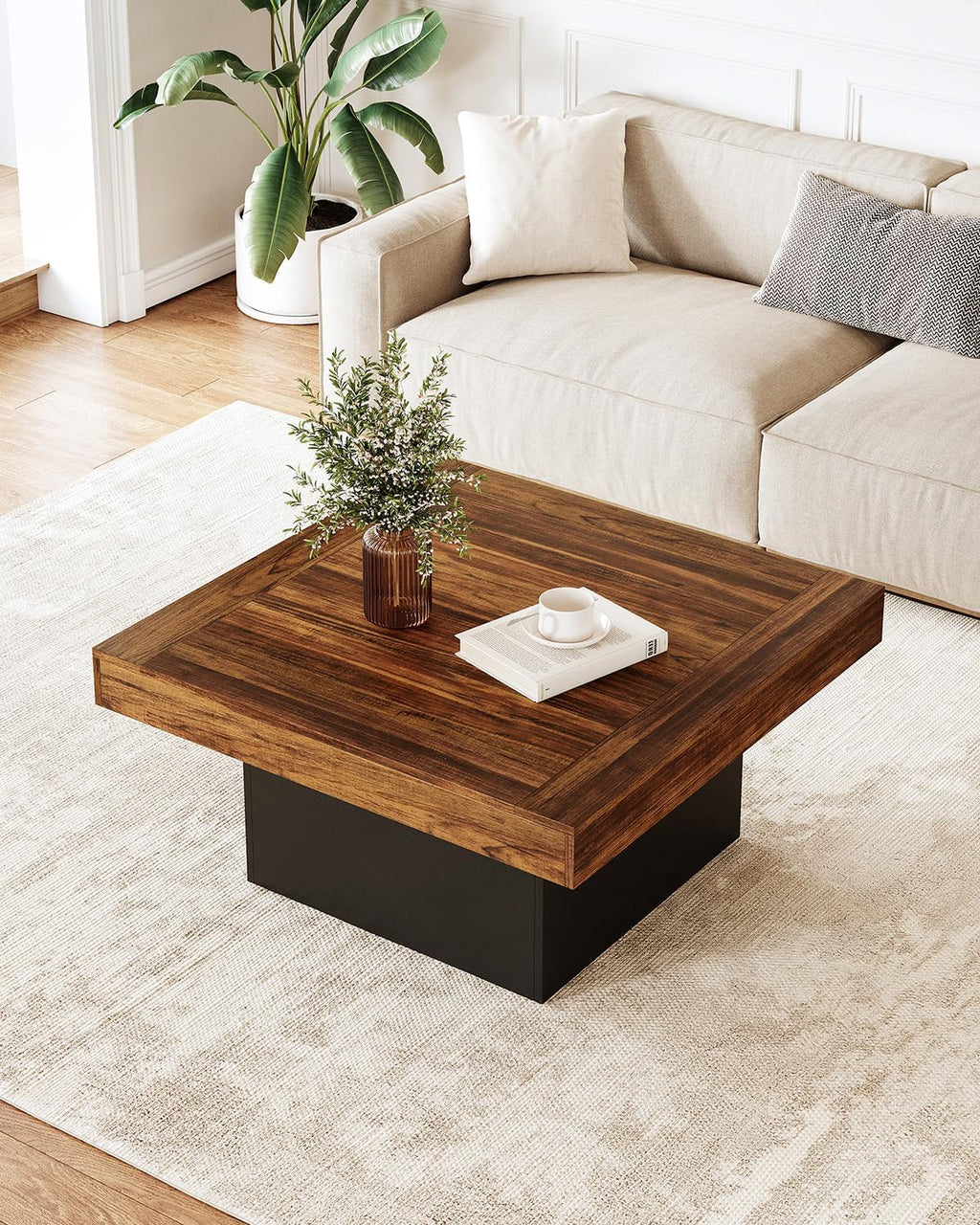 LITTLE TREE Square Coffee Table with LED Lights, 35-inch Living Room Tables, Modern Coffee Tables for Living Room, Brown and Black Wooden Center Table Cocktail Table for Home