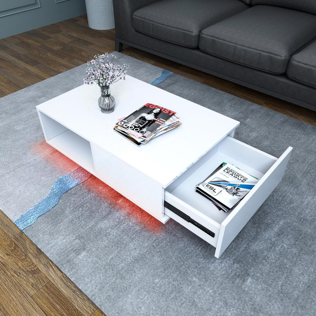 LED White Coffee Table for Living Room with Drawer & 16 Colors Lights, 43.3IN High Gloss Modern Coffee Table with Storage Space, Rectangle Side Central Table