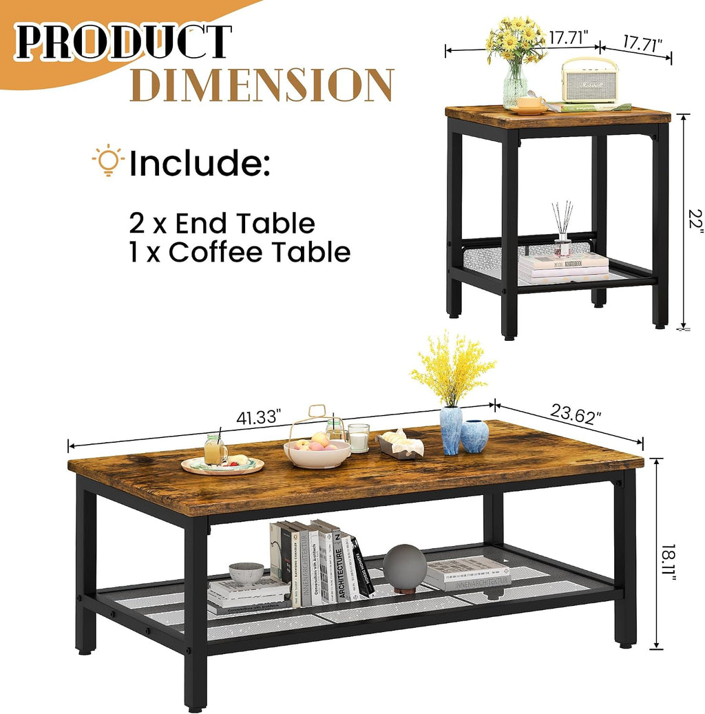 Recaceik 3-Piece Living Room Coffee Table Set, Industrial Coffee Table with 2 Square End Side Tables, Modern Living Room Table Set with Metal Frame for Apartment Home Office (Rustic Brown)