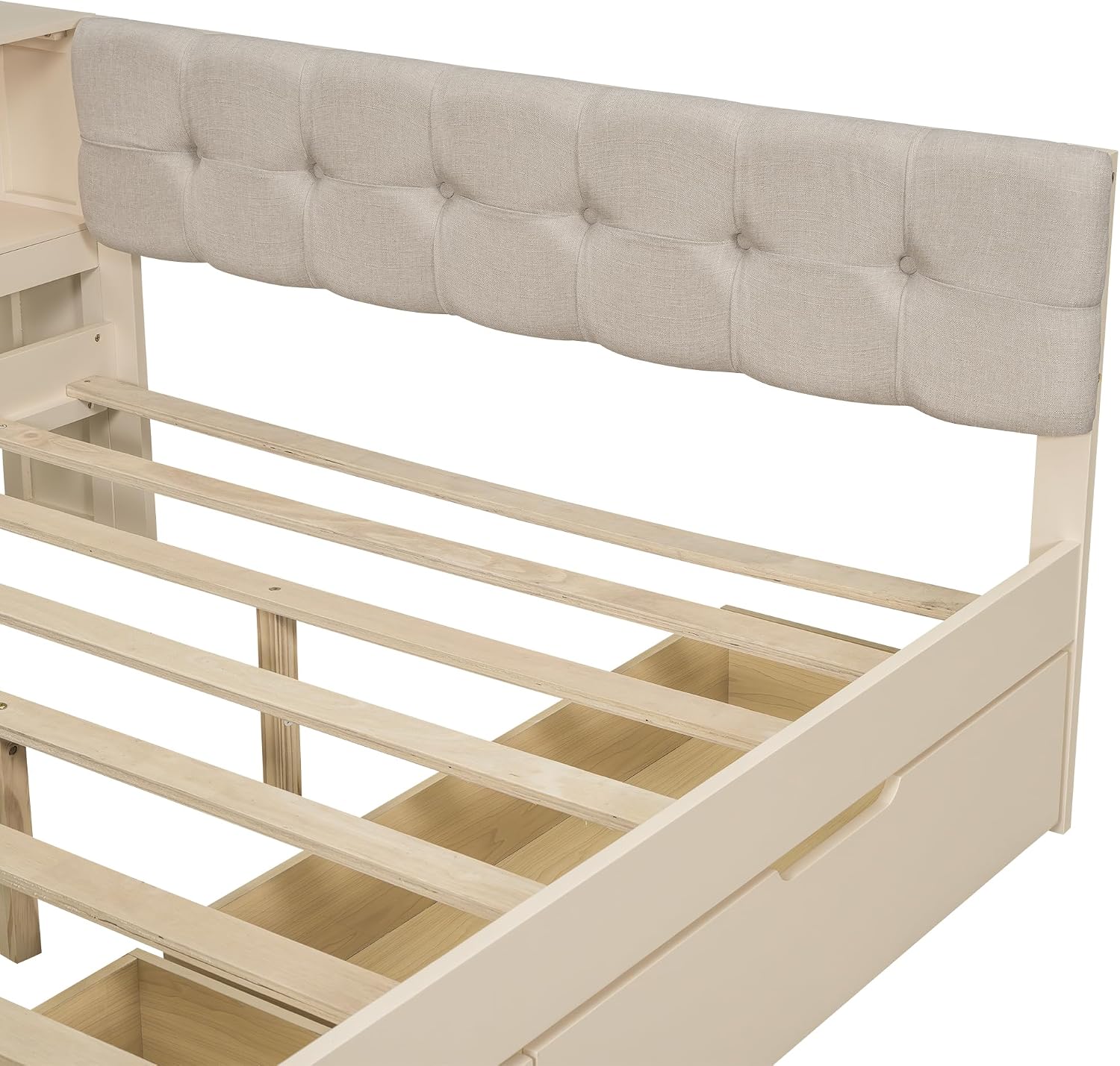 Bellemave Full Size Corner Bed Frame with Storage Drawers and Desk,Captain Daybed with L-Shaped Bookcase,Corner Bed Frame Full Size with Charging Station for Kids,Teens,Guests,Cream