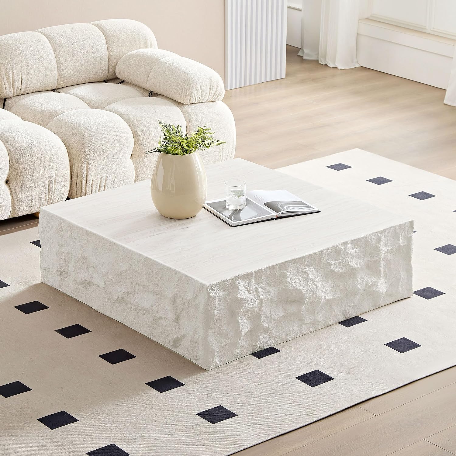 WILLIAMSPACE 35.4' Square Coffee Table Center Table for Living Room, Modern Drum Coffee Table with Imitation Stone Table for Apartment, No Need Assembly, Fiberglass (Beige Cement Stone Pattern)