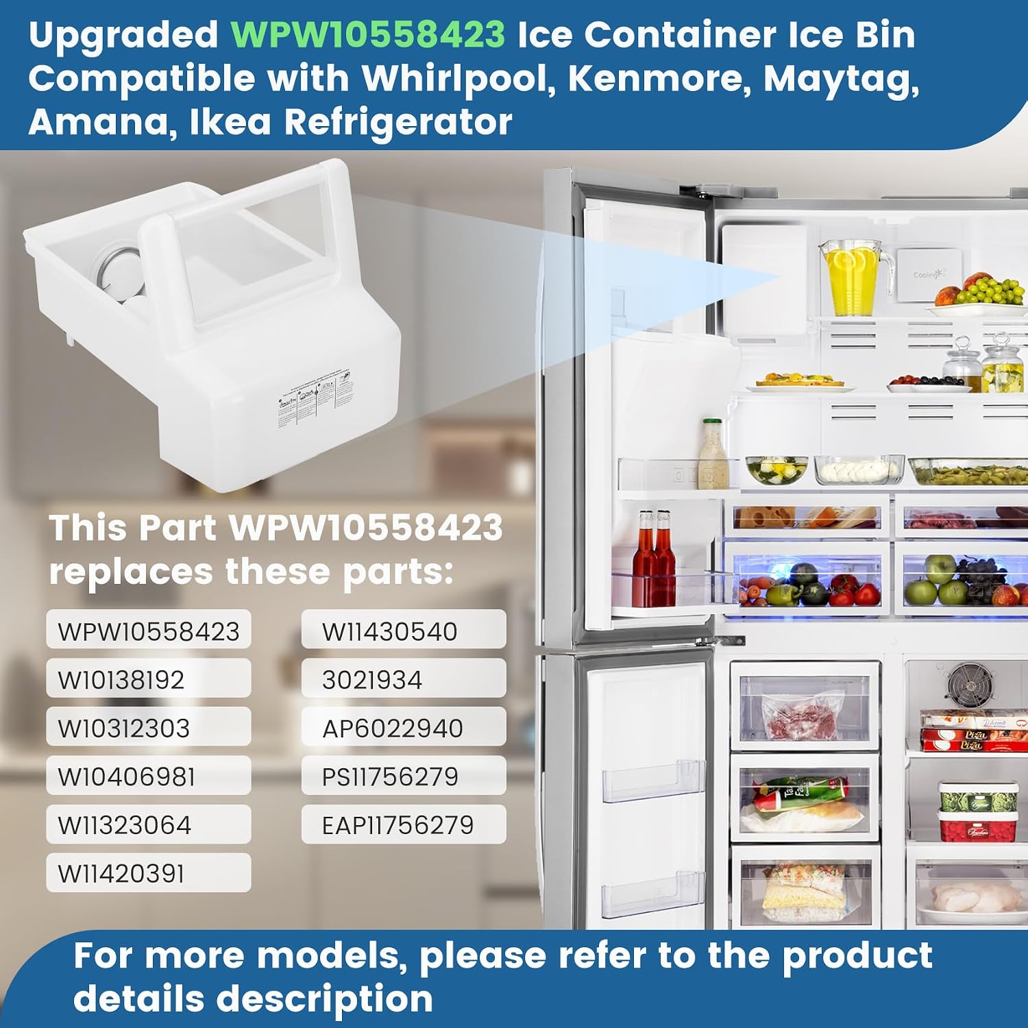 Upgraded WPW10558423 for Whirlpool Ice Maker Replacement, Compatible with Whirlpool Kenmore Maytag Amana IKEA Refrigerator, Refrigerator Ice Bucket Replacement with Whirlpool Replacement Ice Maker