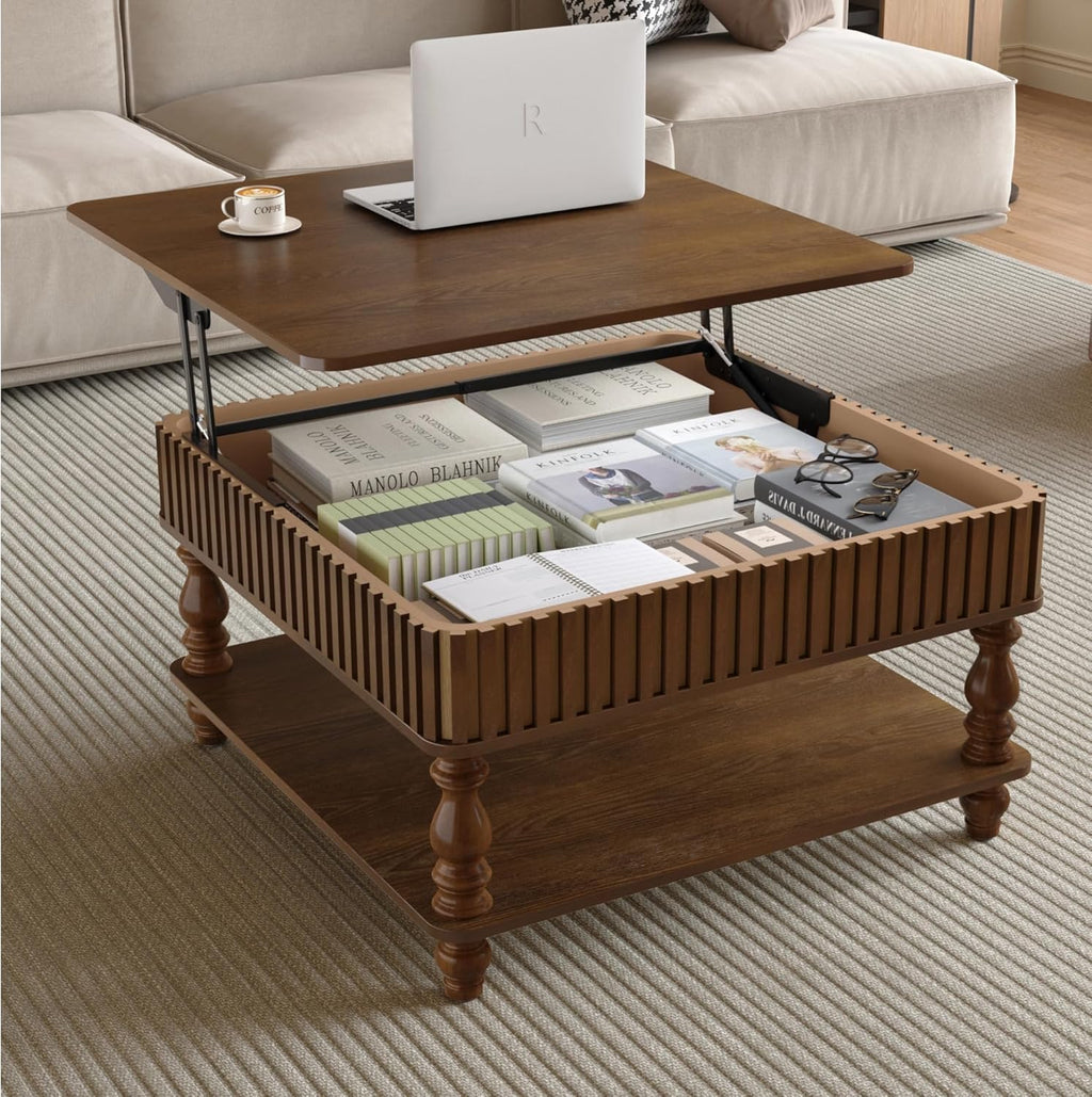HARR Lift Top Square Coffee Table with Storage, 31.5'' Sofa Side End Table, Fluted Design Hydraulic Raising Mechanism, Hidden Compartment & Open Shelf, Retro Solid Wood Legs for Living Room, Walnut