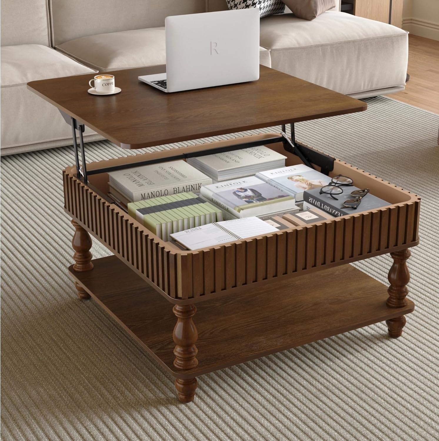 HARR Lift Top Square Coffee Table with Storage, 31.5'' Sofa Side End Table, Fluted Design Hydraulic Raising Mechanism, Hidden Compartment & Open Shelf, Retro Solid Wood Legs for Living Room, Walnut
