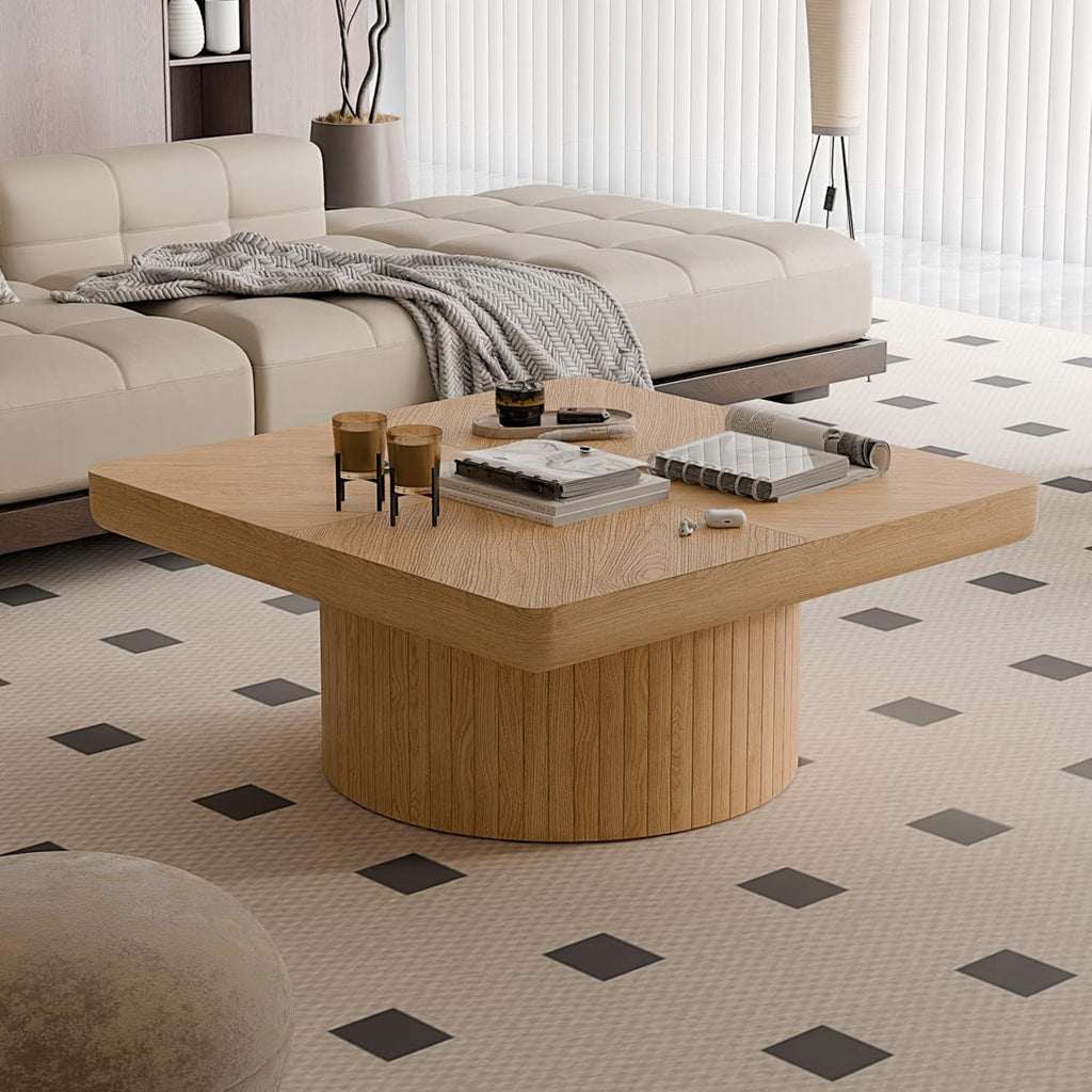 KEIKI 34.6' Square Coffee Table, Wood Table with Thick Parquet Veneer Top, Cylindrical Base Modern Coffee Table for Living Room, Office or Side Table, Natural Wood