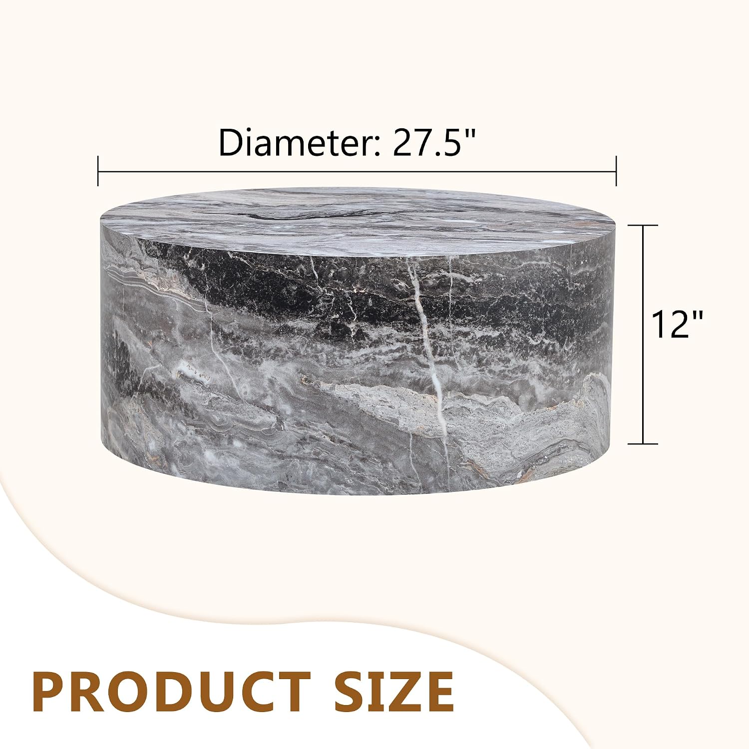 WILLIAMSPACE 27.5' Round Coffee Table for Living Room, Modern Drum Circle Wood Coffee Table, Contemporary Coffee Table Side End Table for Apartment, ø27.5'*12'H (Gray Marble)