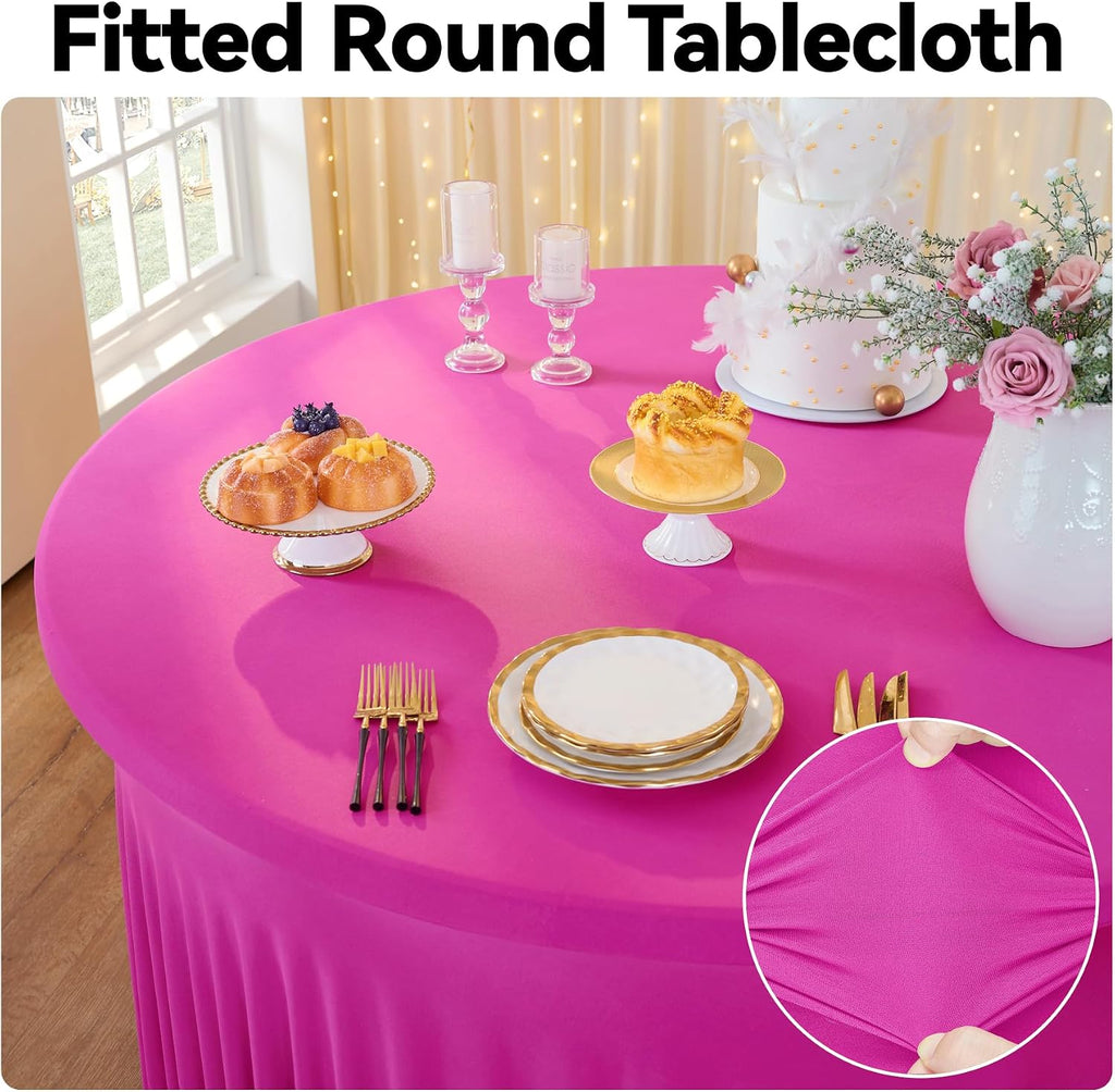 leegleri 6 Pack 72inch Spandex Hot Pink Round Tablecloth, Stretchy 132inch Fitted 6FT Round Table Cloths, Wrinkle Free Table Cover with Skirt for Wedding Birthday Party Bridal Shower Banquet