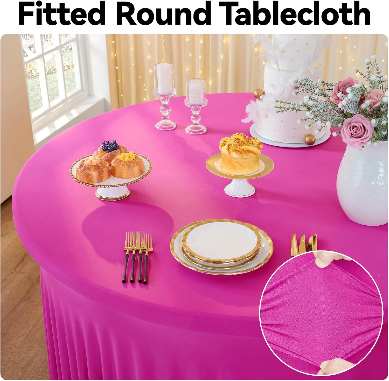 leegleri 6 Pack 72inch Spandex Hot Pink Round Tablecloth, Stretchy 132inch Fitted 6FT Round Table Cloths, Wrinkle Free Table Cover with Skirt for Wedding Birthday Party Bridal Shower Banquet