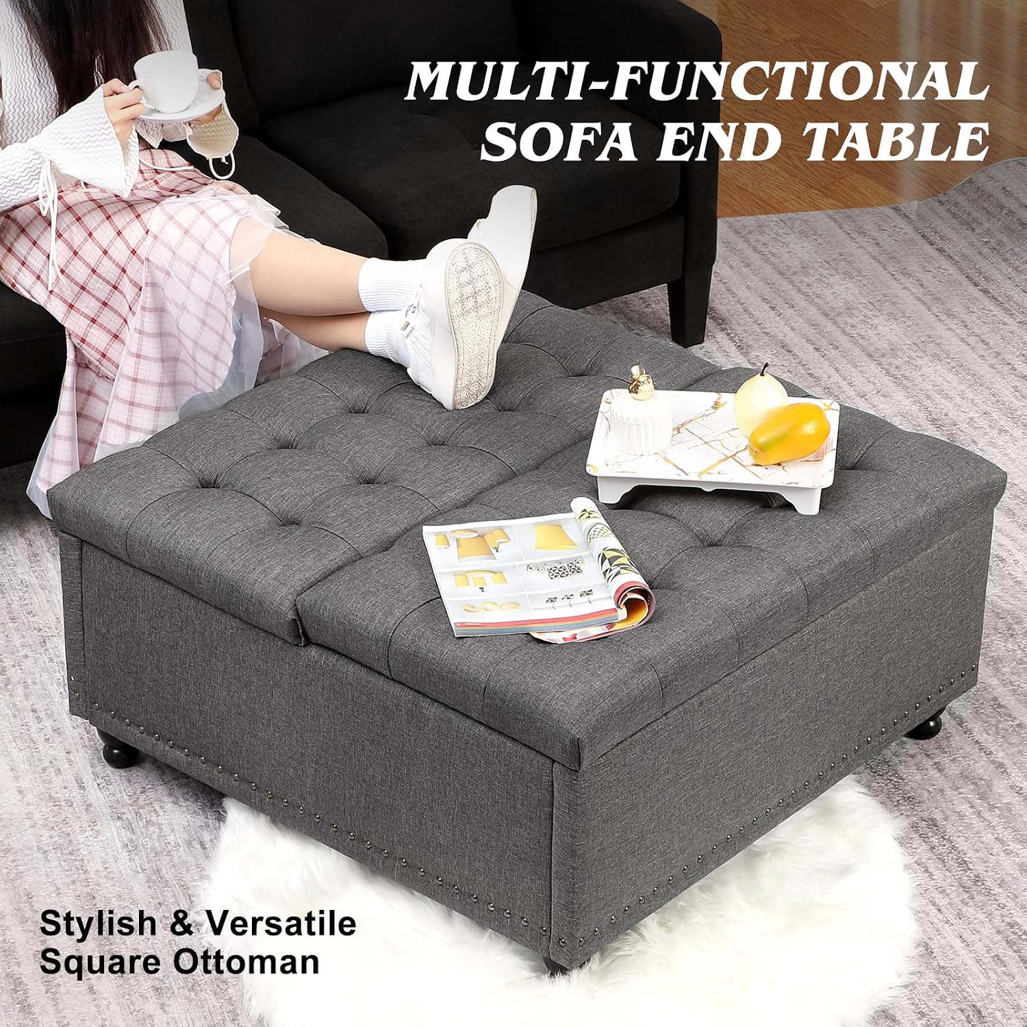 Grepatio Square Tufted Ottoman with Storage - 35.5' Large Lift-Top Storage Ottomans Upholstered Coffee Table for Living Room Bedroom (Grey)