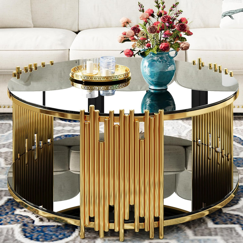 Modern Round Coffee Table, Luxury Black Gold Glass Coffee Table, 36' Center Table Living Room Table, Gold Stainless Steel Irregular Leg, Double-Layer Structure, Black Glass Desktop