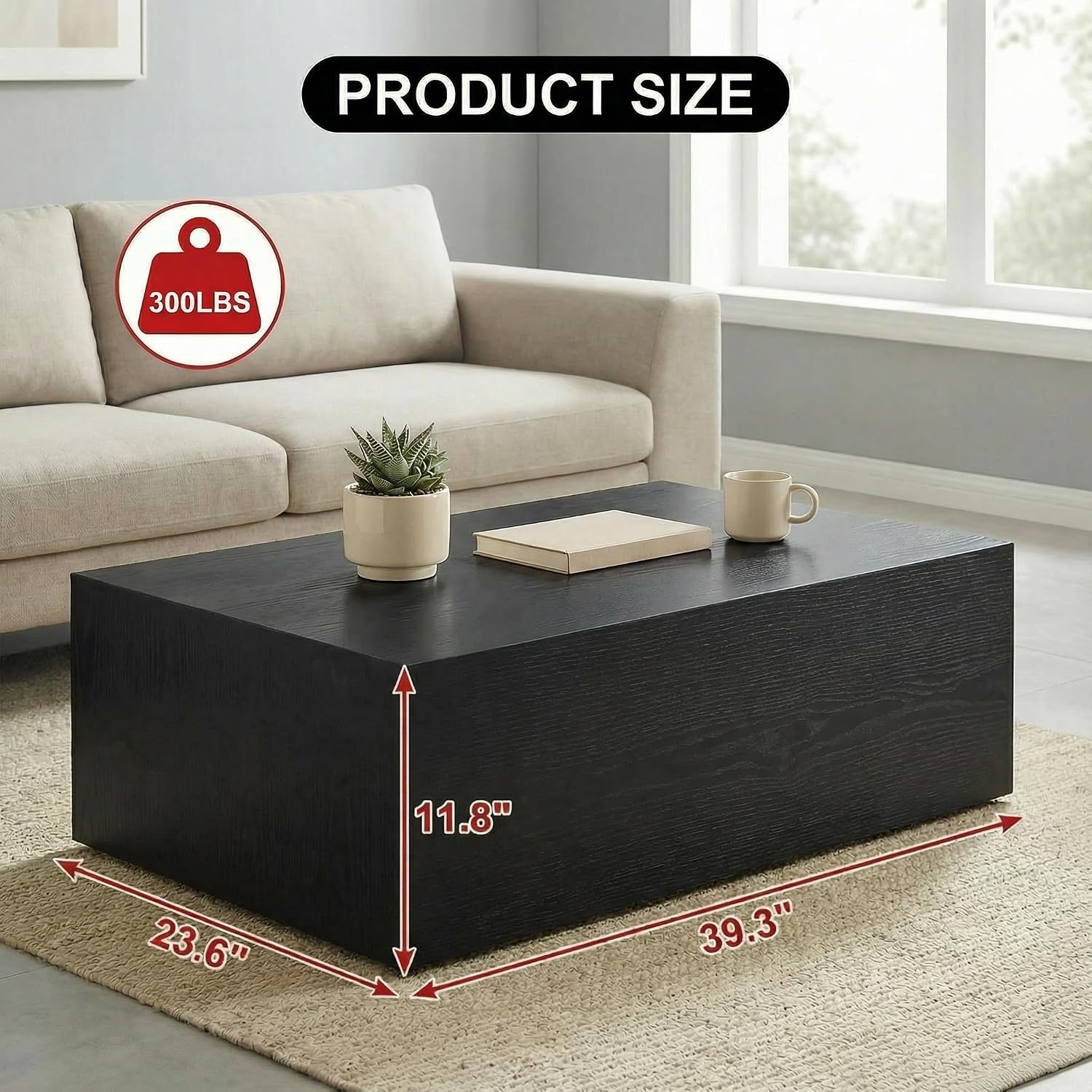 Rectangular Cube Coffee Tables, 300 lbs Minimalist Wood Cube Coffee Table, Low Profile Wood Block Coffee Tables with Anti-Slip Floor mats, with livingroom/Apartment Modern Coffee Table, Black