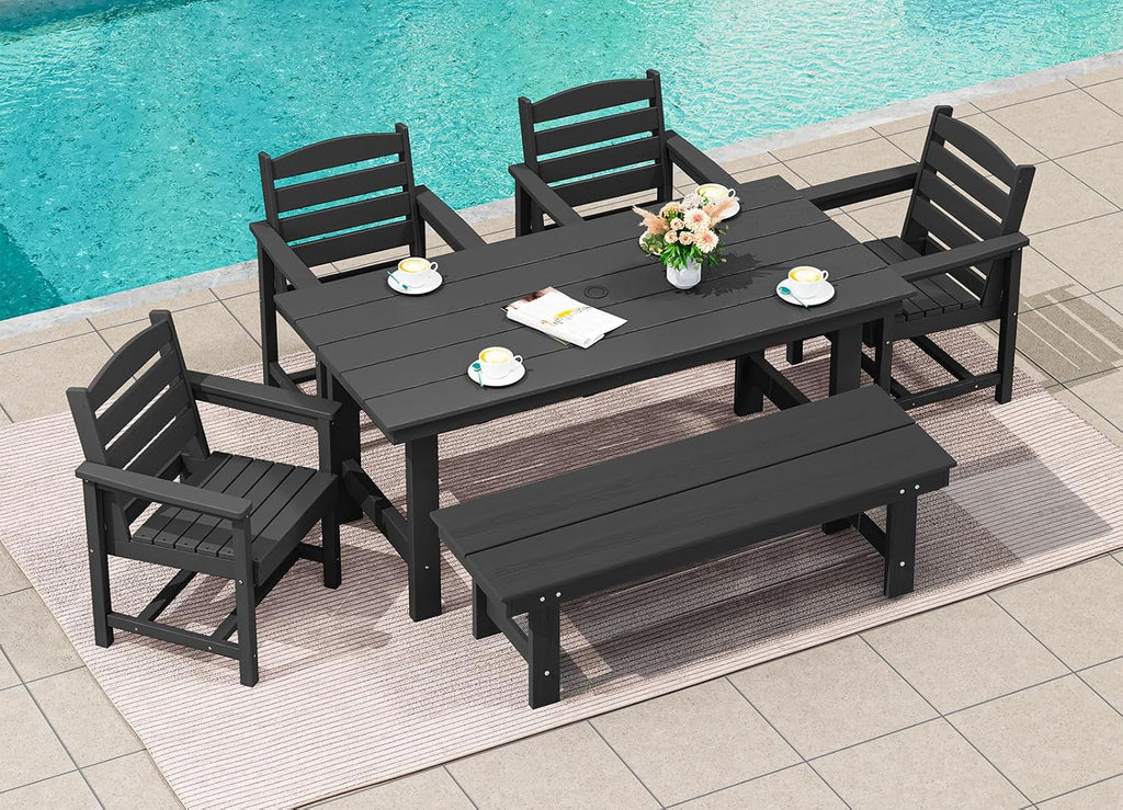 SERWALL Patio Dining Table and Bench Set for 6, Black