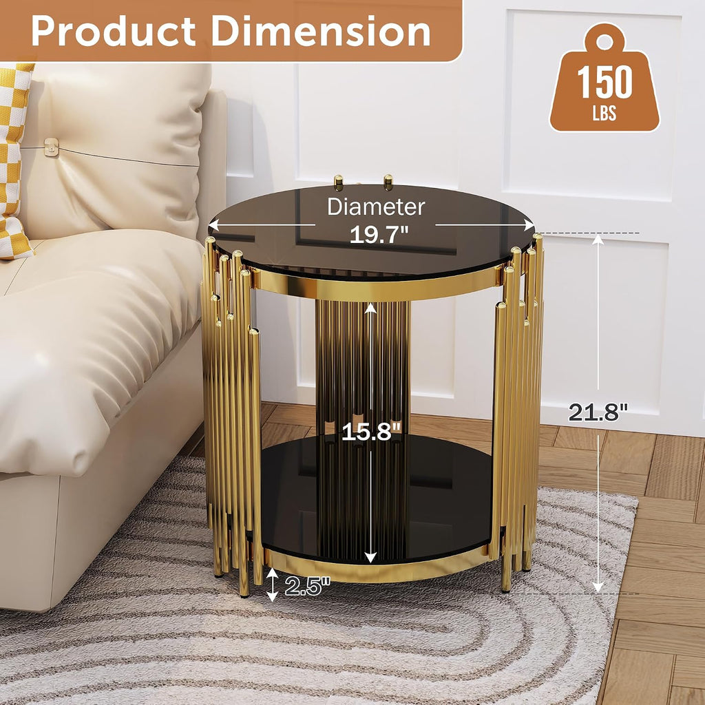 Luxury Gold Round Glass End Table, 19.7' Modern Side Table with Stainless Steel Irregular Leg Black Tempered Glass Tabletop, Accent Furniture for Living Room, Black