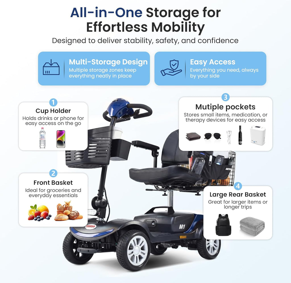 Metro Mobility 4 Wheel Electric Mobility Scooters for Adults - 300 lbs Capacity Folding Mobility Scooter for Seniors, Travel - Long Range Power Extended Battery - Black