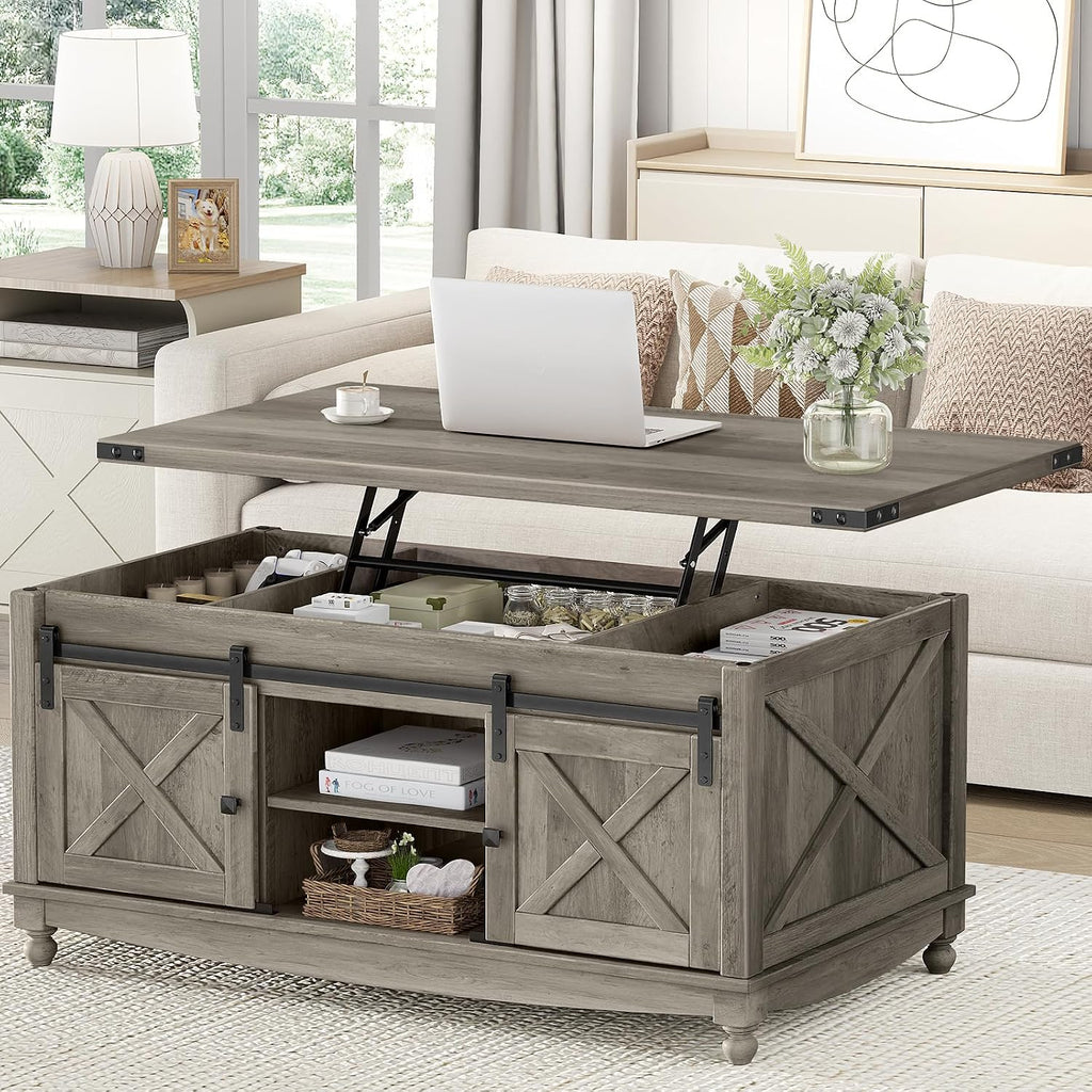 ALLSTAND 48' Farmhouse Lift Top Coffee Table with Storage Sliding Barn Door & Large Hidden Compartment, Coffee Table with Lifting Top with Wooden Lift Tabletop, Coffee Tables for Living Room, Grey