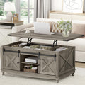 ALLSTAND 48' Farmhouse Lift Top Coffee Table with Storage Sliding Barn Door & Large Hidden Compartment, Coffee Table with Lifting Top with Wooden Lift Tabletop, Coffee Tables for Living Room, Grey