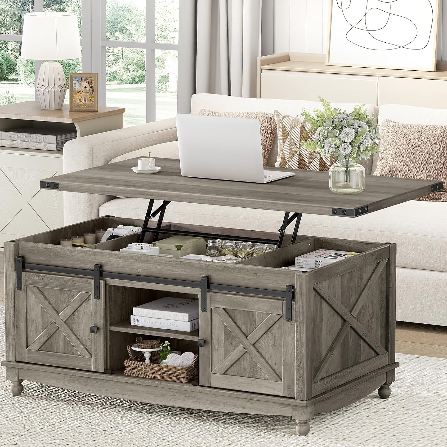 ALLSTAND 48' Farmhouse Lift Top Coffee Table with Storage Sliding Barn Door & Large Hidden Compartment, Coffee Table with Lifting Top with Wooden Lift Tabletop, Coffee Tables for Living Room, Grey
