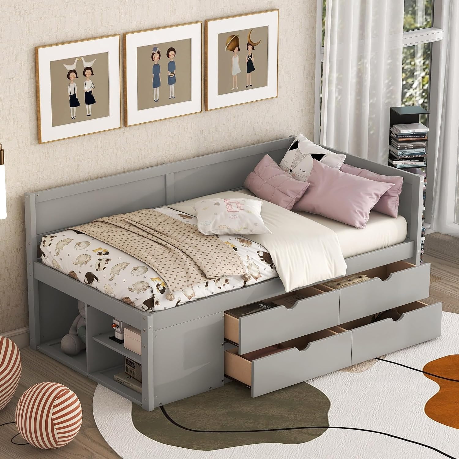 Harper & Bright Designs Twin Corner Bed Frame with Storage Drawers, L-Shaped Daybed with Storage Shelves, for Kids Teens Guests,Grey
