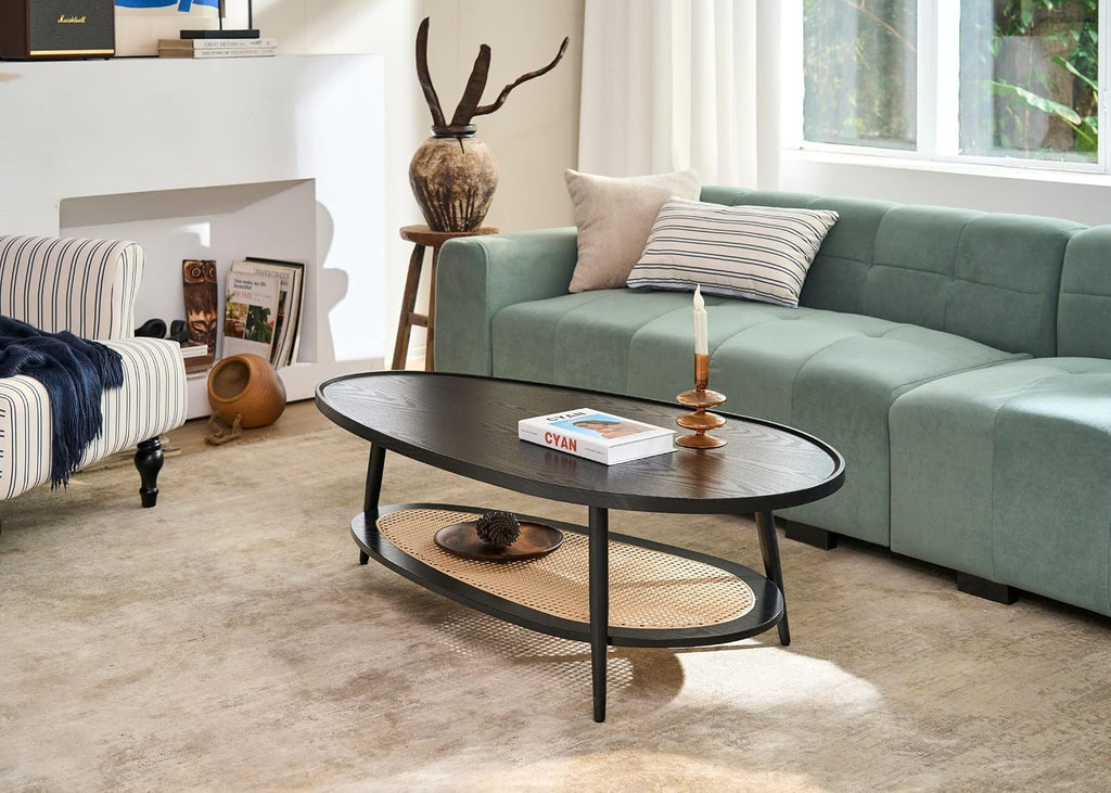 AGV LIGHTING Oval Coffee Table with Storage Shelf, 47' Mid Century Modern Coffee Table for Living Room, Black Wood Finish MDF Top with Rattan Shelf