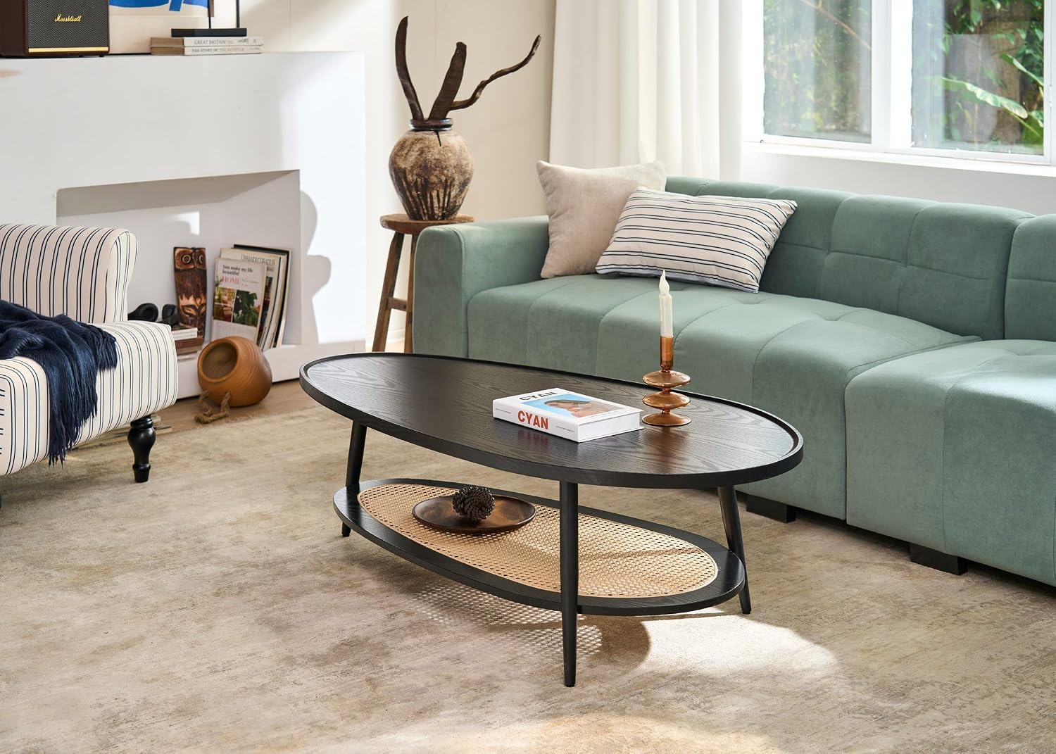 AGV LIGHTING Oval Coffee Table with Storage Shelf, 47' Mid Century Modern Coffee Table for Living Room, Black Wood Finish MDF Top with Rattan Shelf