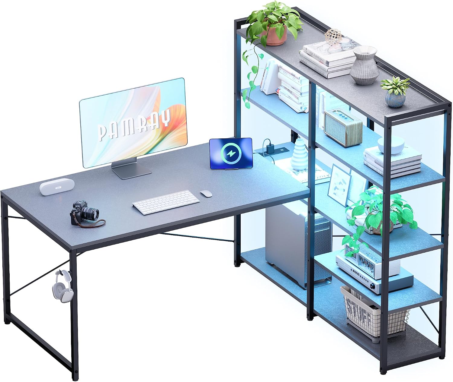 Pamray 49 Inch L Shaped Gaming Computer Desk with Shelves and Storage | Compact Reversible Design with LED Lights & Power Outlets, Suitable for Home Office Bedroom Small Spaces and Dorm Study Work
