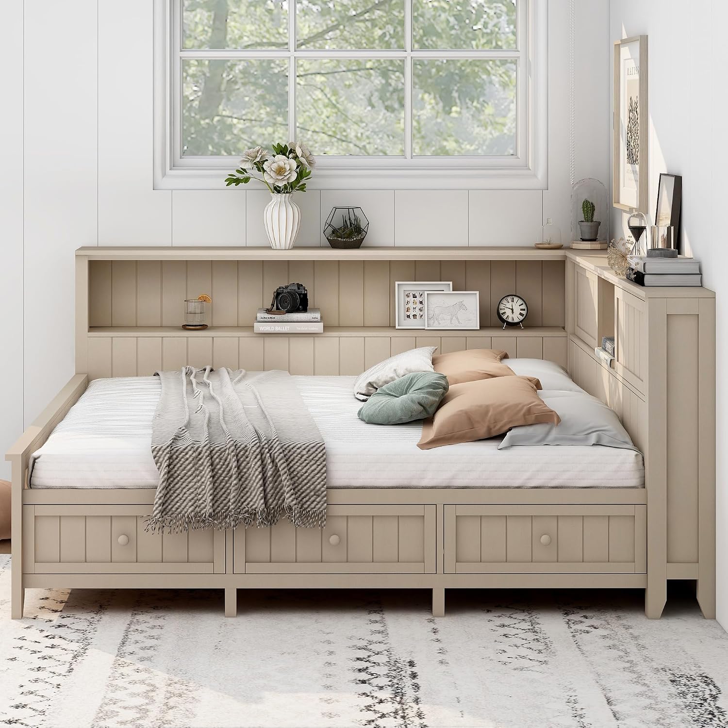 Full Size Corner Bed with 3 Drawers, L-Shaped Daybed with Bookcase and Storage Shelves, Wood Corner Bed Frame with 2 Sliding Doors Storage Cabinets,Antique White