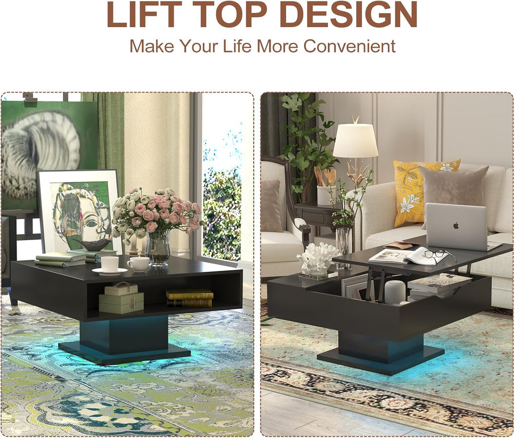 Square Lift Top Coffee Table with Storage, Black Led Coffee Table for Living Room with Large Hidden Storage, 30.7' Wood Table Led Center Table for Dining Reception Room