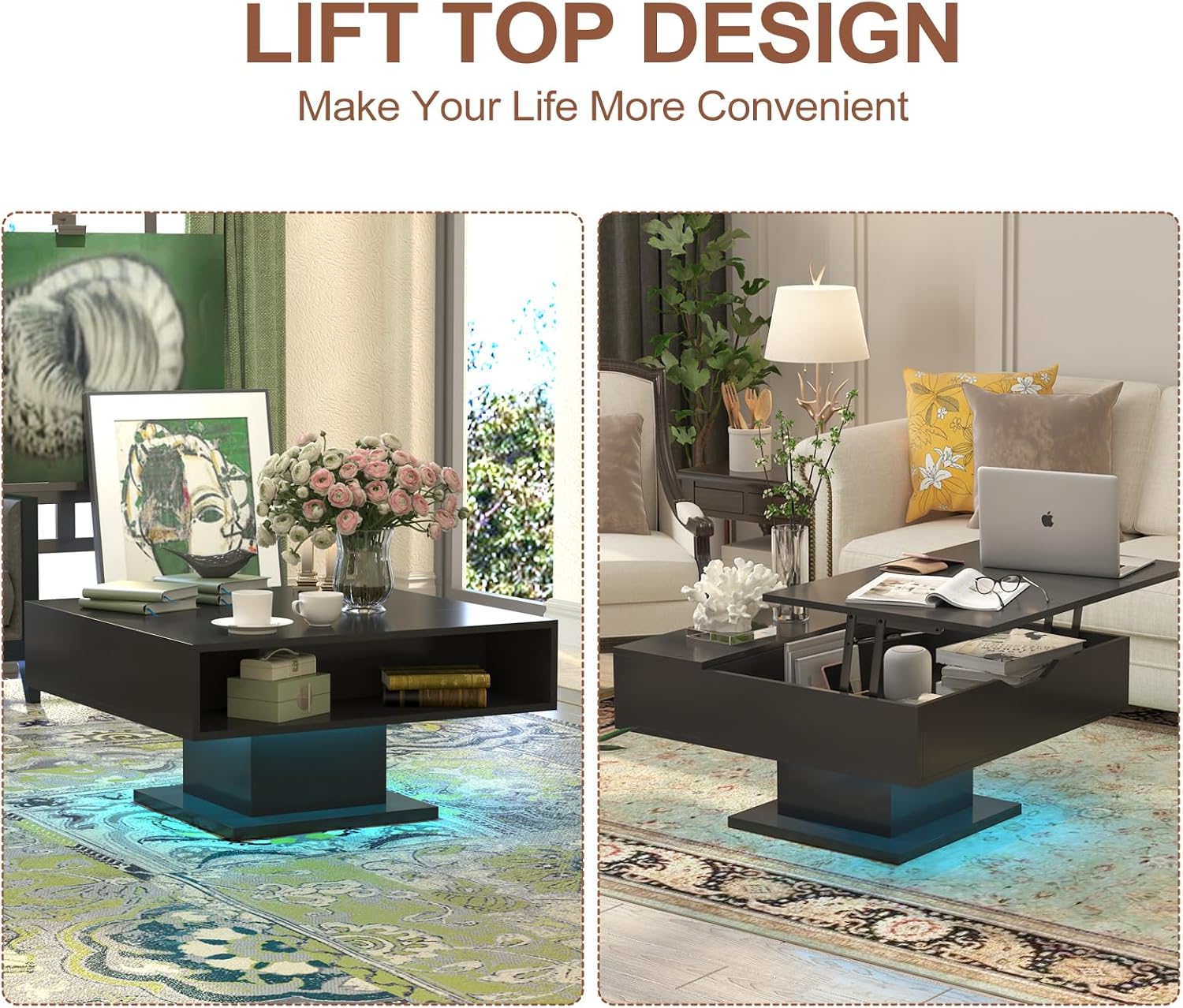 Square Lift Top Coffee Table with Storage, Black Led Coffee Table for Living Room with Large Hidden Storage, 30.7' Wood Table Led Center Table for Dining Reception Room