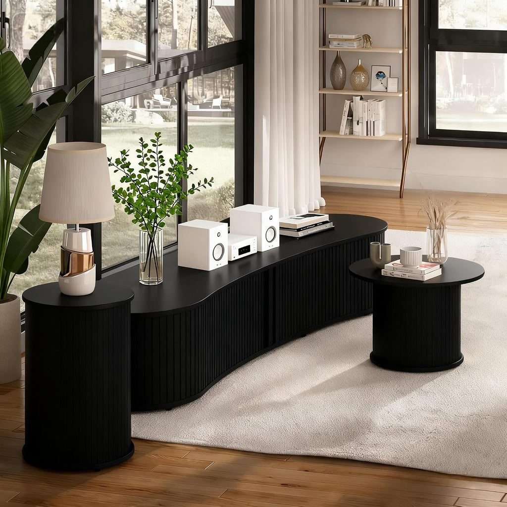TV Stand and Coffee Table Set of 3, Living Room Table Set Fluted End Table & Coffee Table & 59' Low TV Stand with Sliding Doors for Living Room, Bedroom, No Screws Ultra Fast Assembly, Black