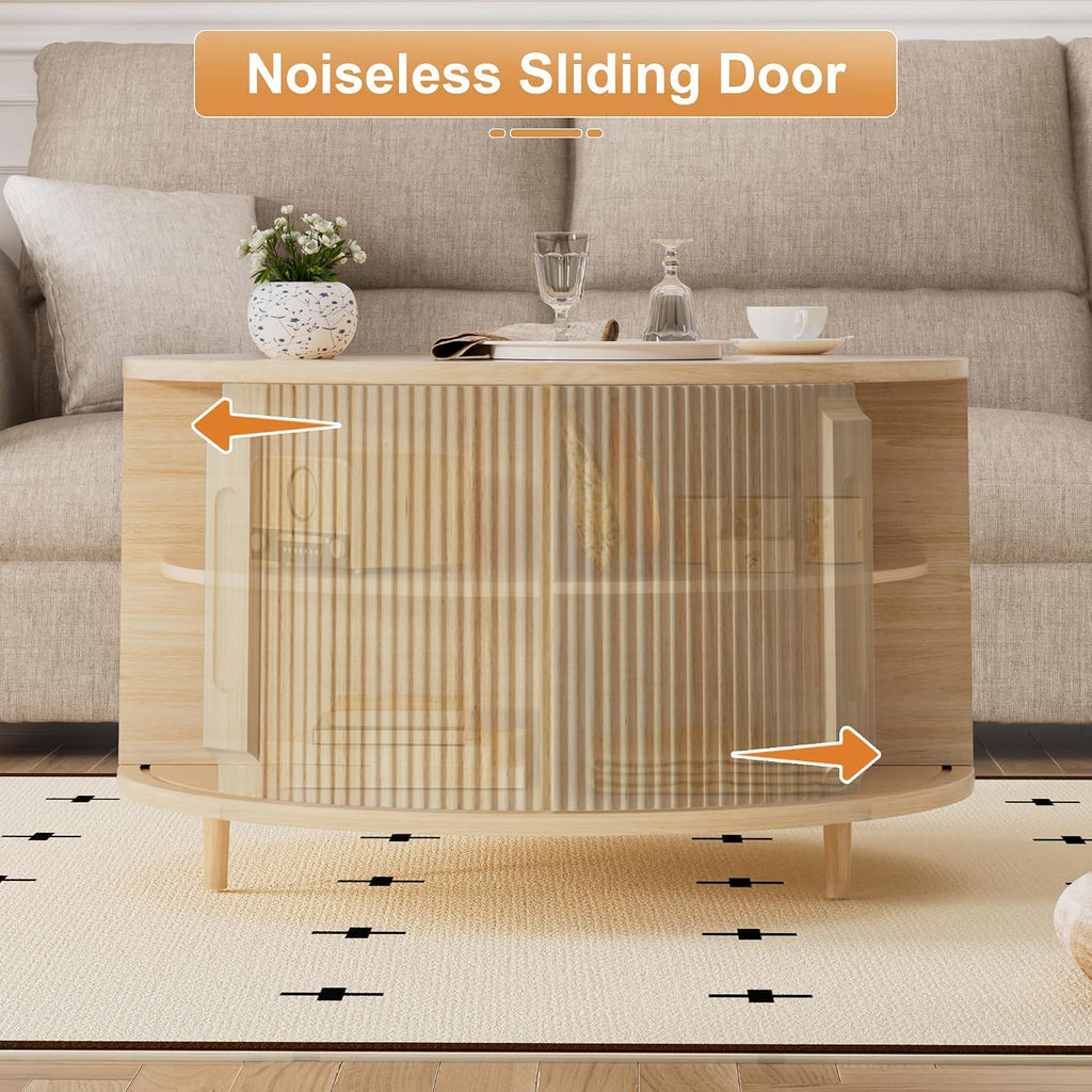 Round Lift Top Coffee Table, 31.5' Fluted Wood Lift Up Center Table with Sliding Door & Hidden Storage – Mid Century Modern Circle Coffee Table for Living Room, Apartmentm, Home Office (Natural)