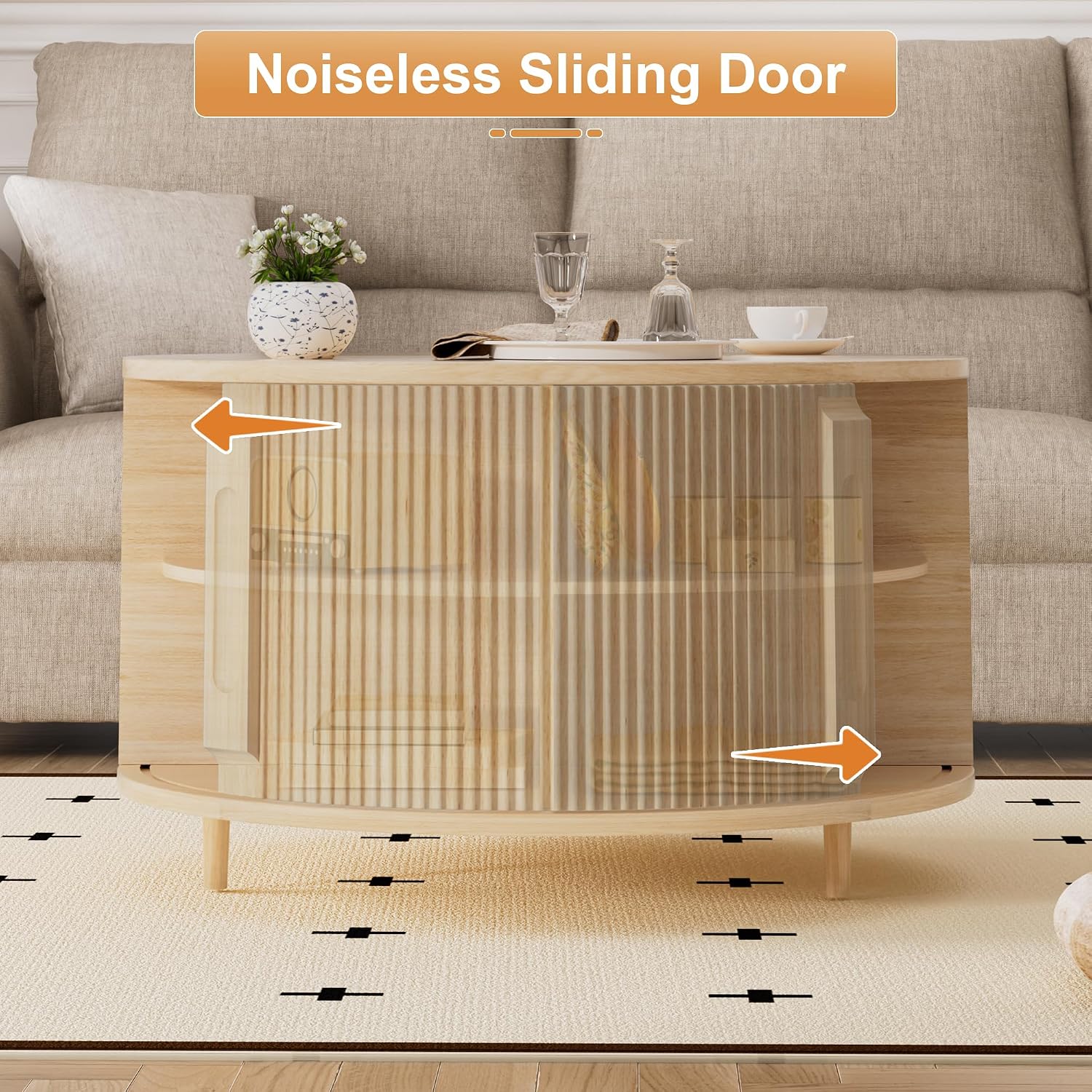 Round Lift Top Coffee Table, 31.5' Fluted Wood Lift Up Center Table with Sliding Door & Hidden Storage – Mid Century Modern Circle Coffee Table for Living Room, Apartmentm, Home Office (Natural)
