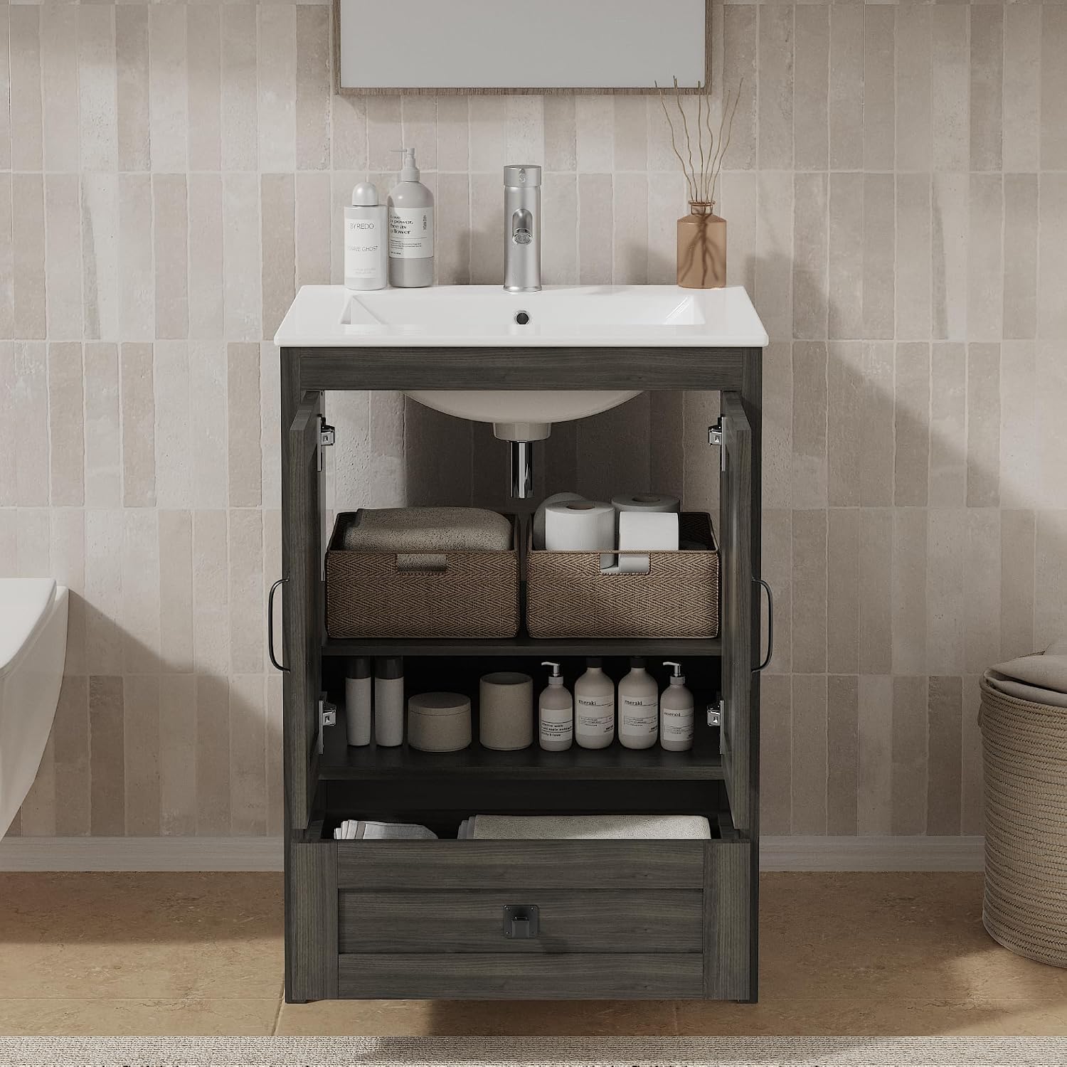 KIGOTY 24 Inch Farmhouse Bathroom Vanity Without Sink, Wooden Bathroom Storage Cabinet Without Countertop, Freestanding Bathroom Cabinet with 2 Doors and 1 Drawer (Grey, 24 INCH Without Sink)