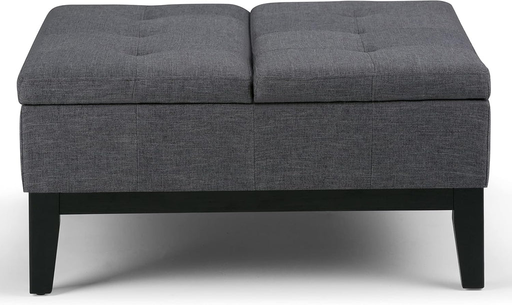 SIMPLIHOME Dover 36 inch Wide Contemporary Square Coffee Table Storage Ottoman in Slate Grey Linen Look Fabric, Assembled, For the Living Room and Bedroom