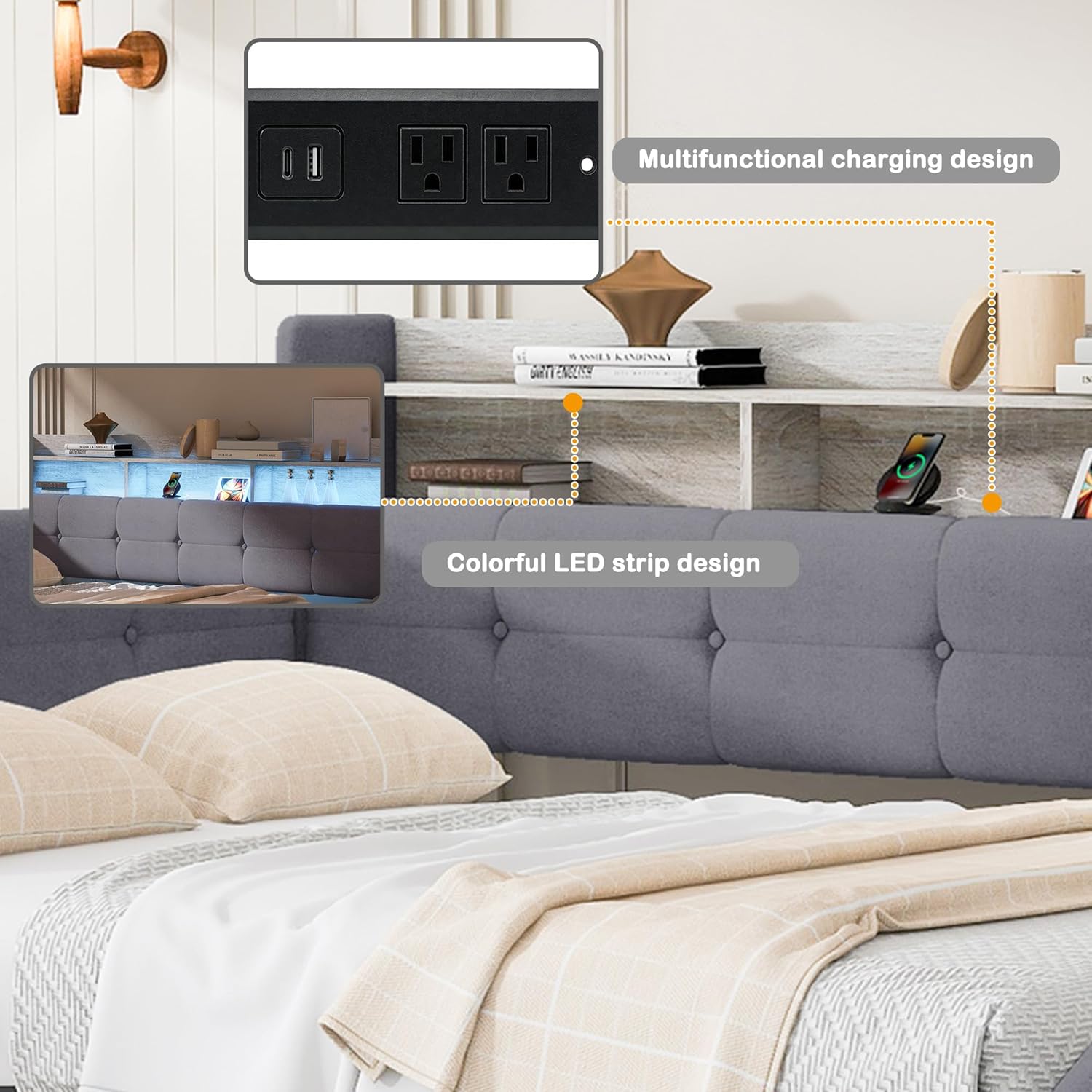 Twin Size Upholstery Daybed with Storage Footstool and Shelves, Solid Wood Platform Corner Bed with Trundle, USB Charging and LED Light for Bedroom Apartment (Grey-993)