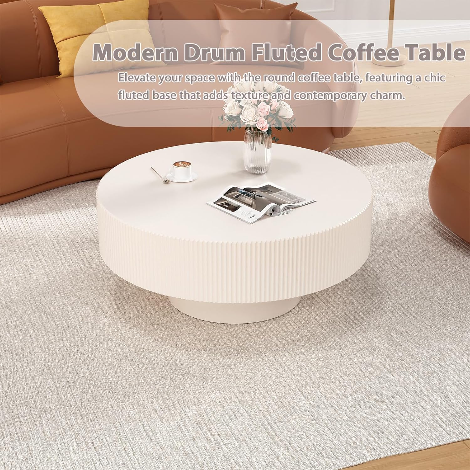 Round Drum Coffee Table Modern Unique Round Fluted Coffee Tables Farmhouse Fluted Circle Center Table Accent Tea Table with Sturdy Pedestal for Living Room Reception Room (White 31 inch)