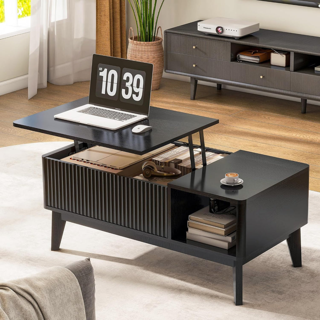 LYNCOHOME Fluted Coffee Table with Hidden Compartment, Wood Lift Top Coffee Tables, Modern Center Table for Living Room, Home Office, Black