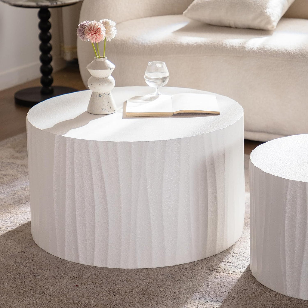 Nesting Coffee Table Set of 2, Modern Round Wooden Drum Side End Coffee Tables for Living Room, Bedroom, White-03