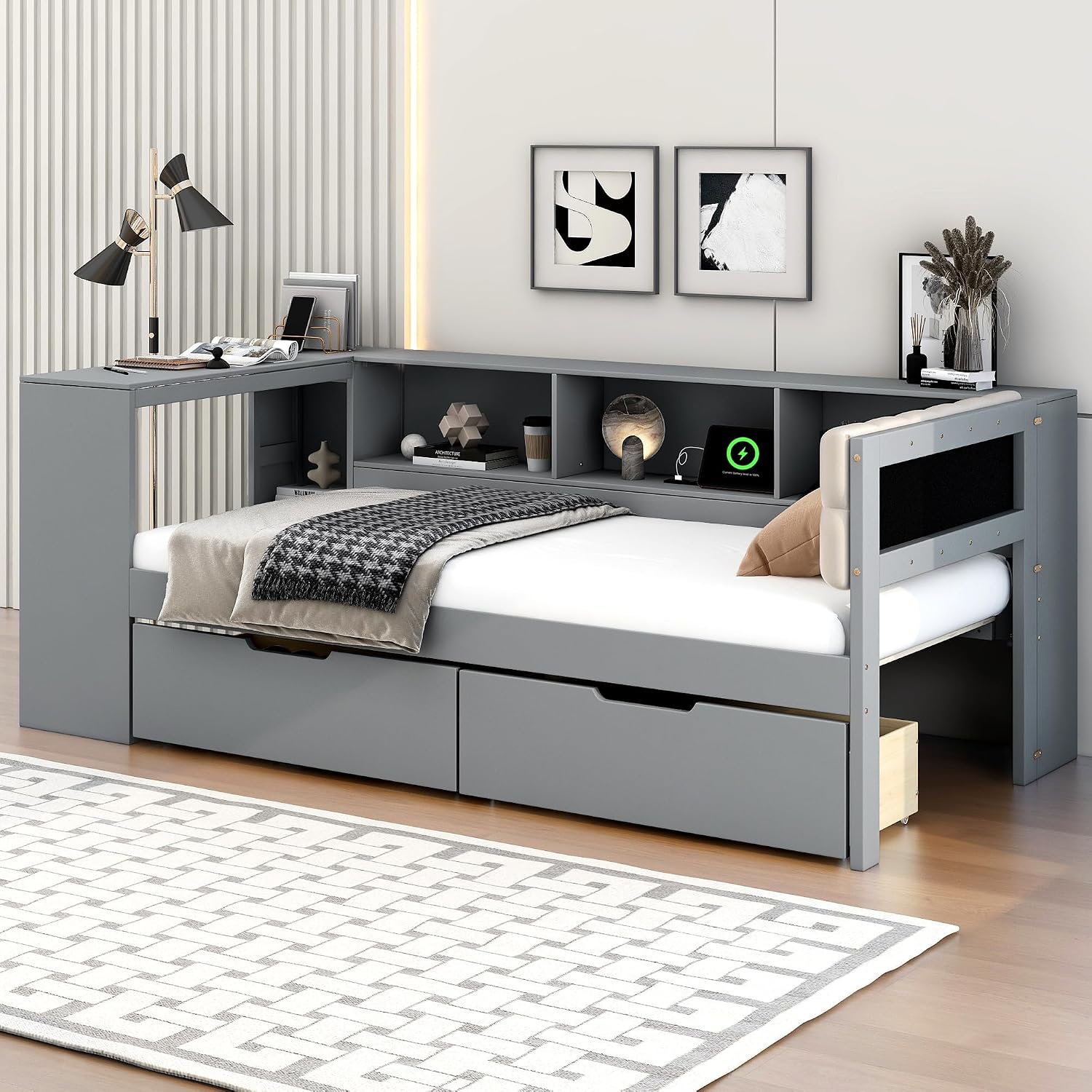 Bellemave Twin Size Corner Bed Frame with Storage Drawers and Desk,Captain Daybed with L-Shaped Bookcase,Corner Bed Frame Twin Size with Charging Station for Kids,Teens,Guests,Gray