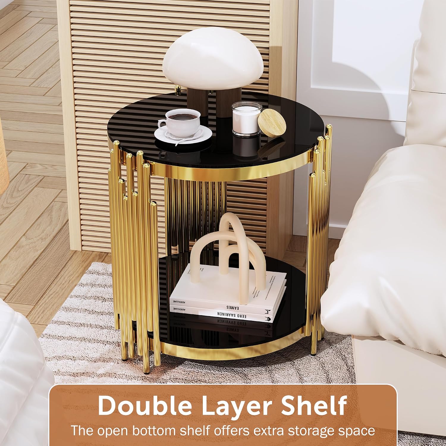 Luxury Gold Round Glass End Table, 19.7' Modern Side Table with Stainless Steel Irregular Leg Black Tempered Glass Tabletop, Accent Furniture for Living Room, Black
