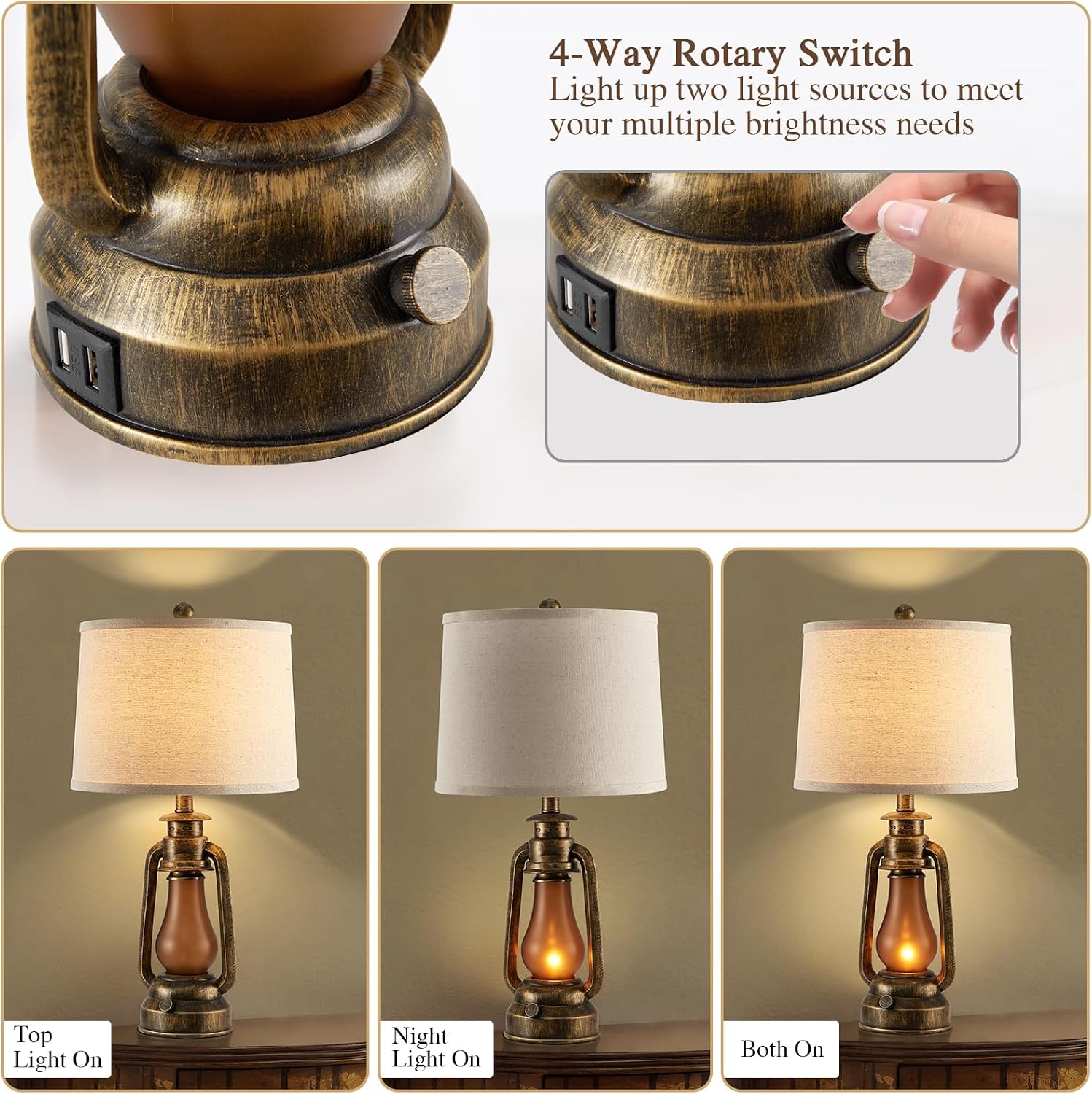 25' Set of 2 Rustic Lantern Table Lamps for Living Room Bedroom, 2 USB Ports Farmhouse Vintage Bedside Desk Lamp Nightlight for Entryway Office End Table, 4 Bulbs Included