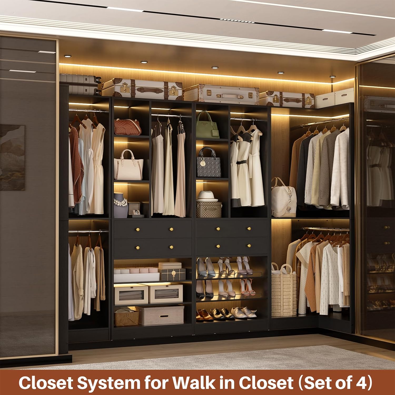 Besiost Closet System with 4 Drawers & Corner Tower, Closet Organizer System with 4 Hanging Robs, Reversible U Shaped Walk-in Closet System, Load 2600+LBS Capacity, Set of 4, Black