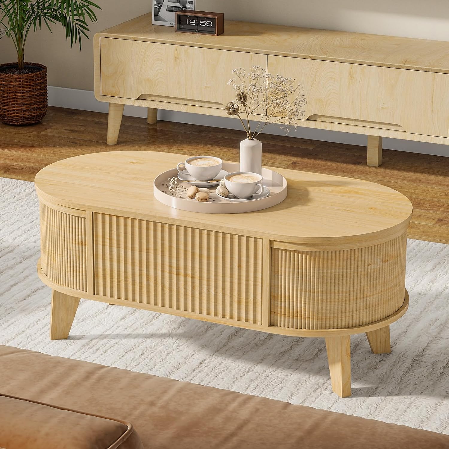 LYNCOHOME Fluted Lift Top Coffee Table with Storage,Modern Oval Coffee Table for Living Room Or Home Office（Natural）