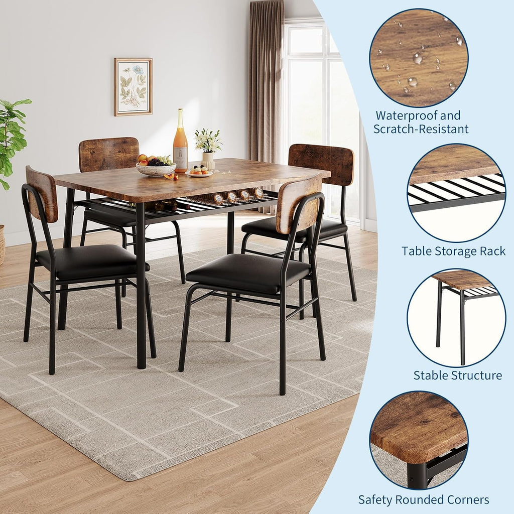 GarveeHome Dining Table Set for 4 with Storage Rack, 5-Piece Kitchen Table and Upholstered Chairs of 4, Wood Tabletop & Heavy-Duty Metel Frame, Dining Room Set for Small Space, Apartment, Brown