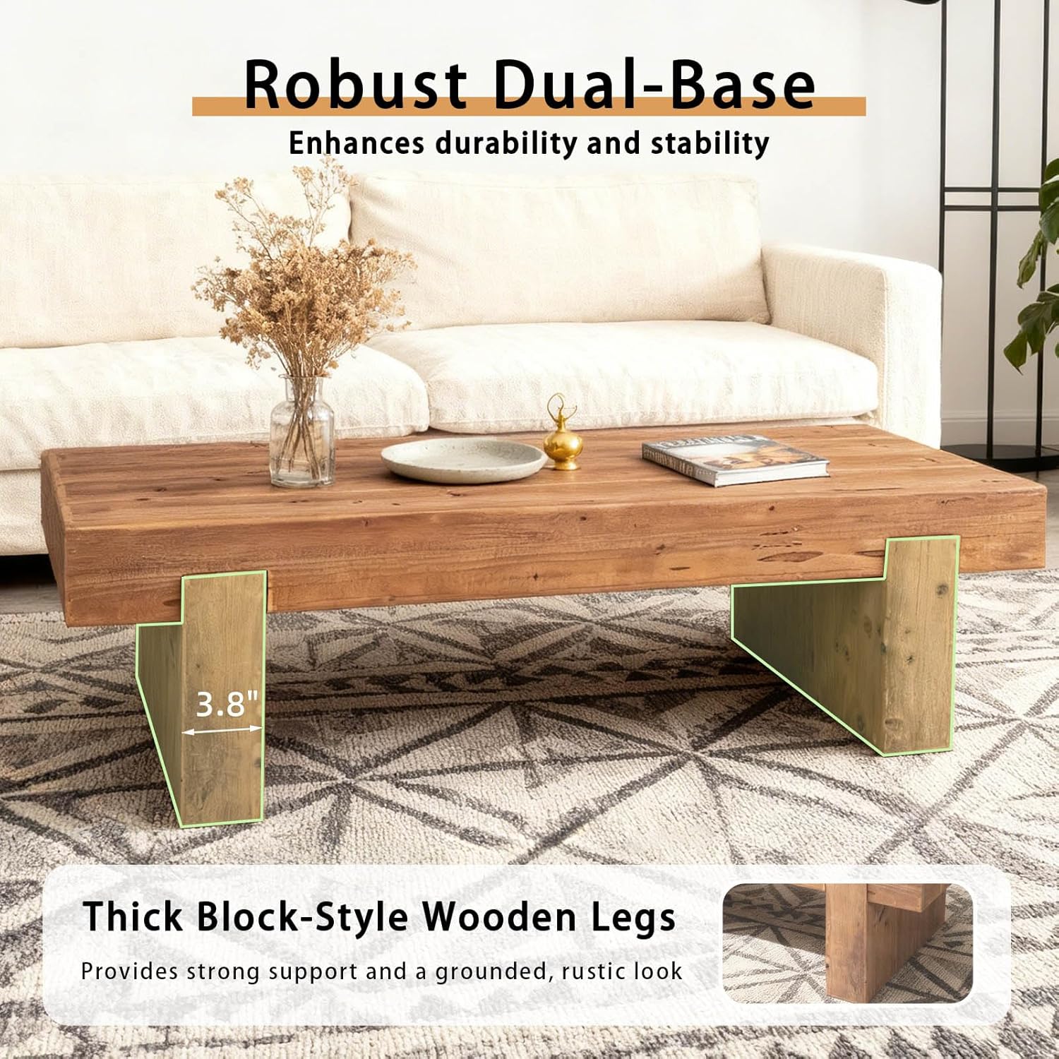 47.6' Solid Wood Coffee Table, Mid-Century Modern Coffee Table with Sturdy Base, Farmhouse Rectangle Accent Center Tea Tables for Living Room Apartment, Easy Assembly