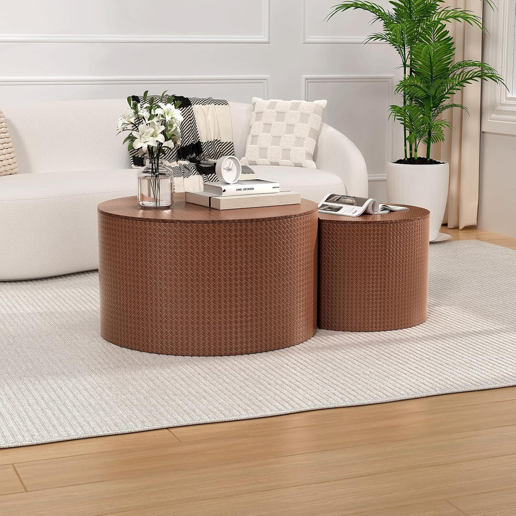 Round Coffee Table Set of 2 Modern Nesting Coffee Tables Drum Coffee Tables with Non-Slip Feet, Circle Nesting Tables End Table for Living Room Office, No Assembly (Brown 26.8'+18.3')