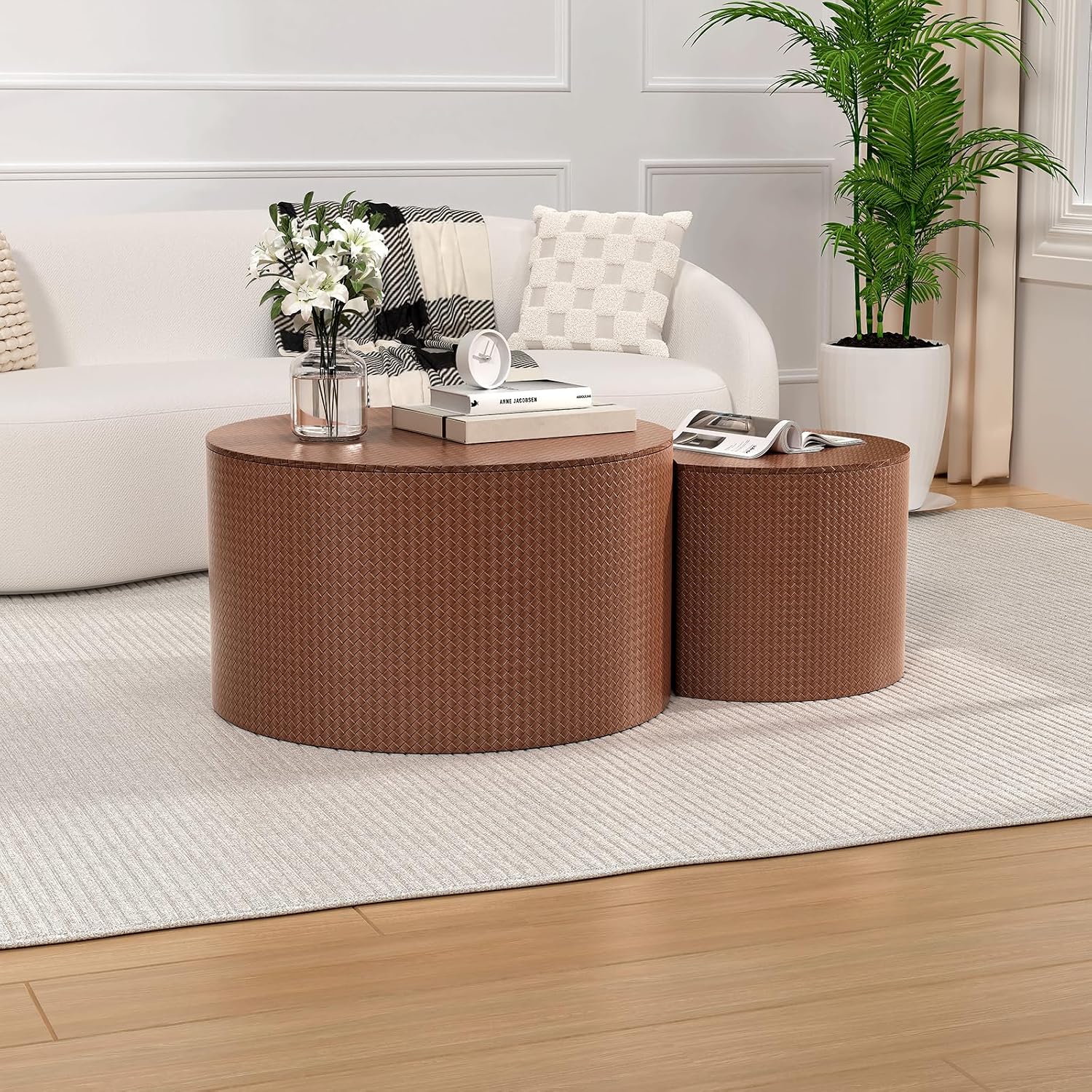 Round Coffee Table Set of 2 Modern Nesting Coffee Tables Drum Coffee Tables with Non-Slip Feet, Circle Nesting Tables End Table for Living Room Office, No Assembly (Brown 26.8'+18.3')