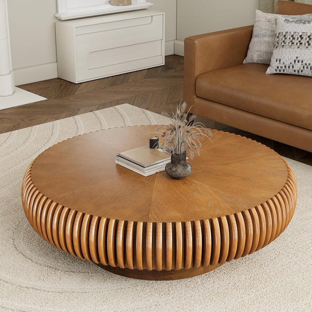Round Drum Coffee Table with Sturdy Pedestal, Modern Wooden Fluted Coffee Table, Circle Center Table Accent Tea Table for Living Room Apartment Office Reception Room (Brown D39.4)